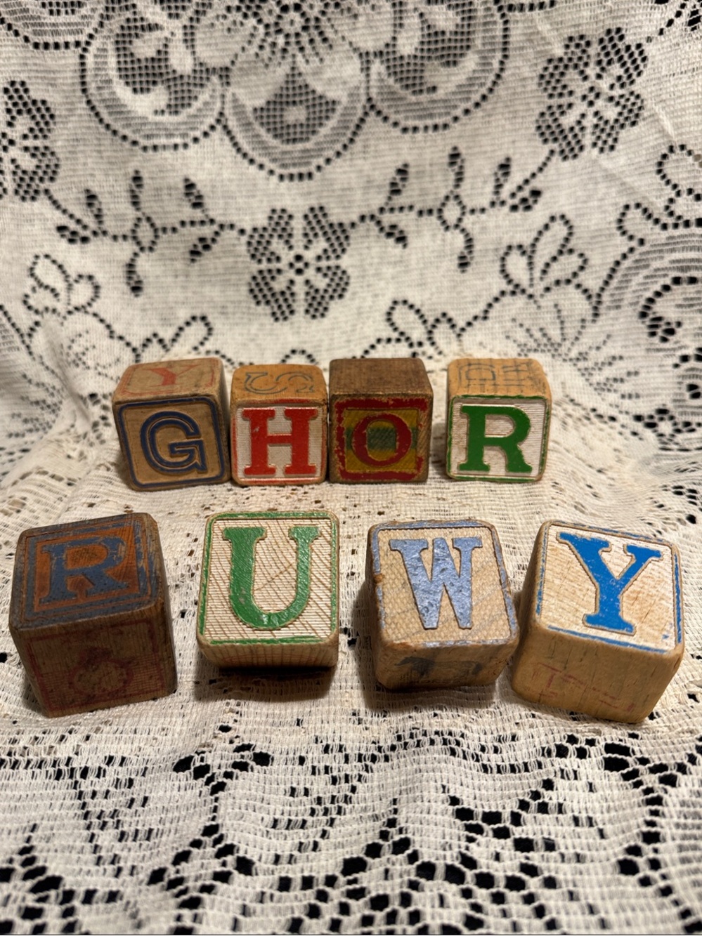 Eight Vintage Wooden Letter, Number & Image Blocks in Primary Colors